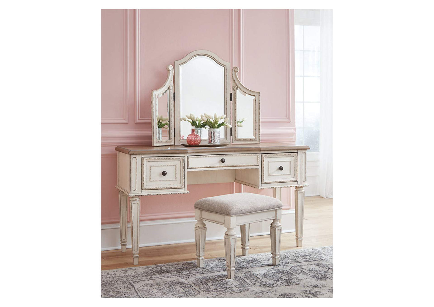 Realyn Vanity and Mirror with Stool