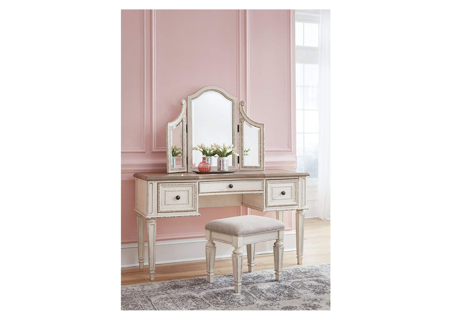 Realyn Vanity and Mirror with Stool