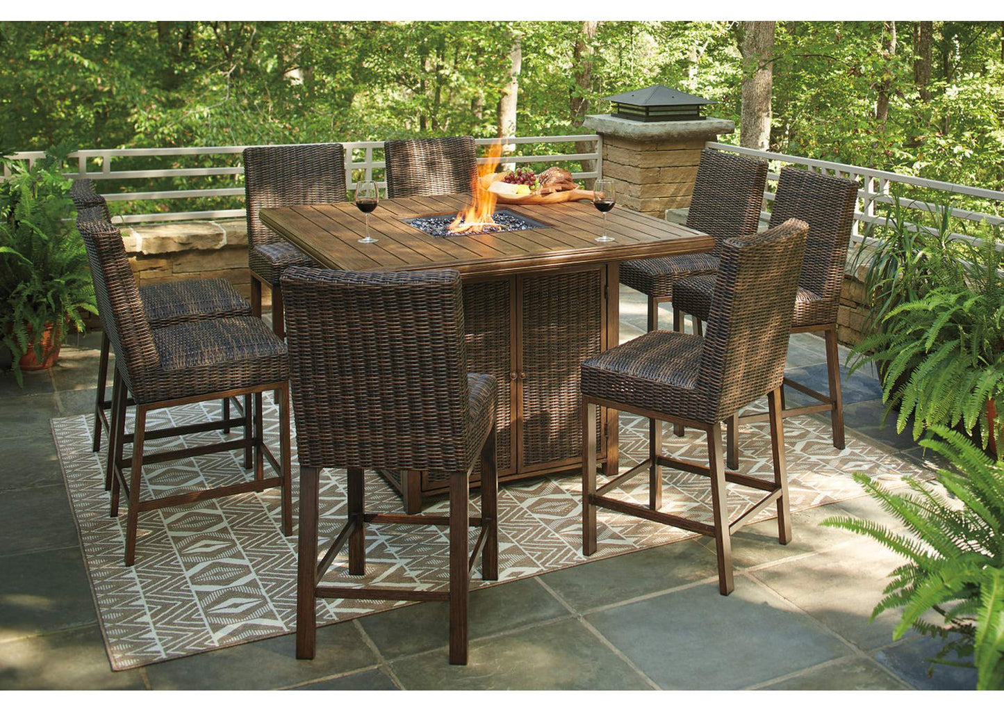 Paradise Trail 9 Piece Outdoor Bar Stool & Fire Table Set