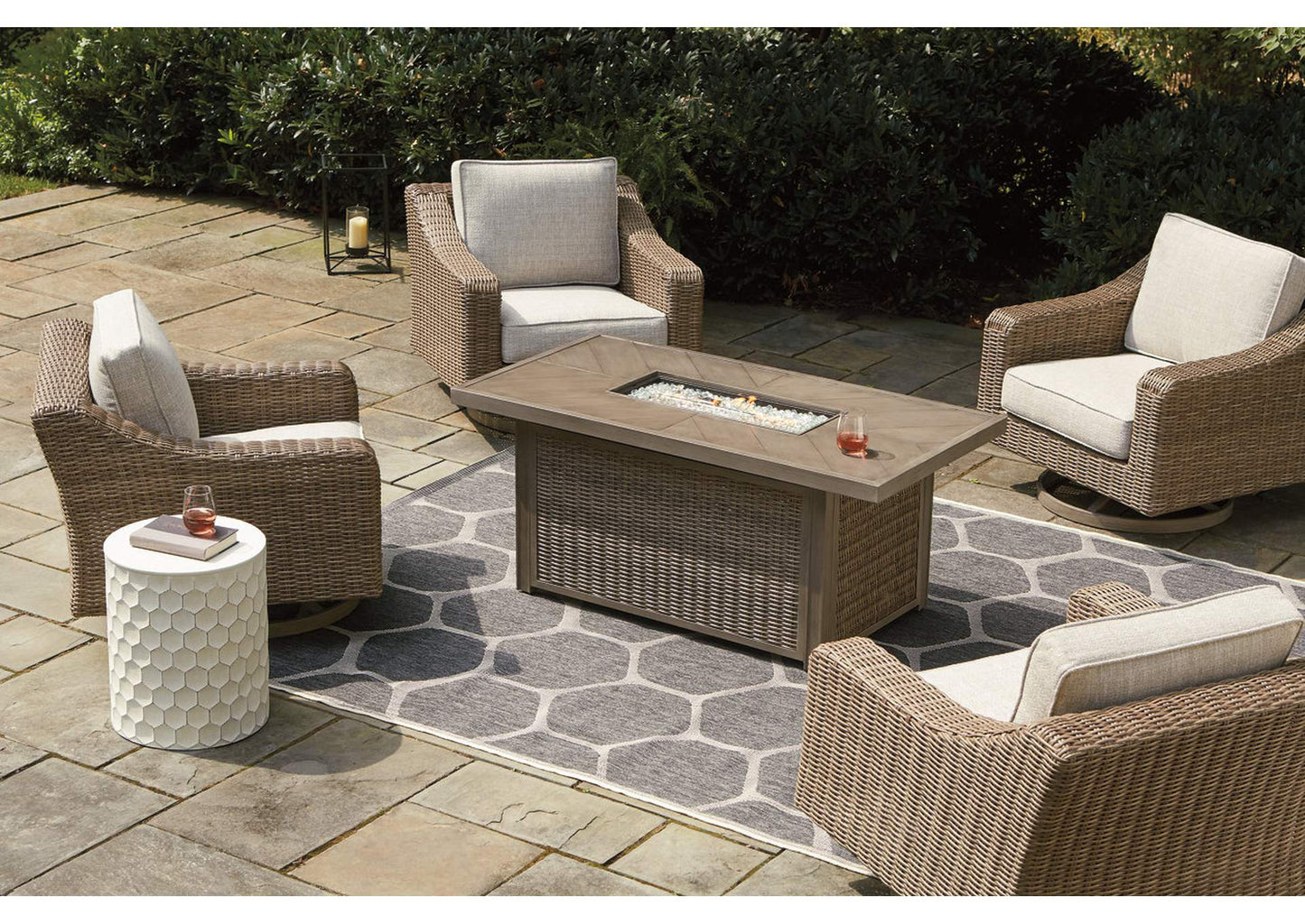 Beachcroft 5-Piece Outdoor Fire Pit Table & Swivel Lounge Chairs Set