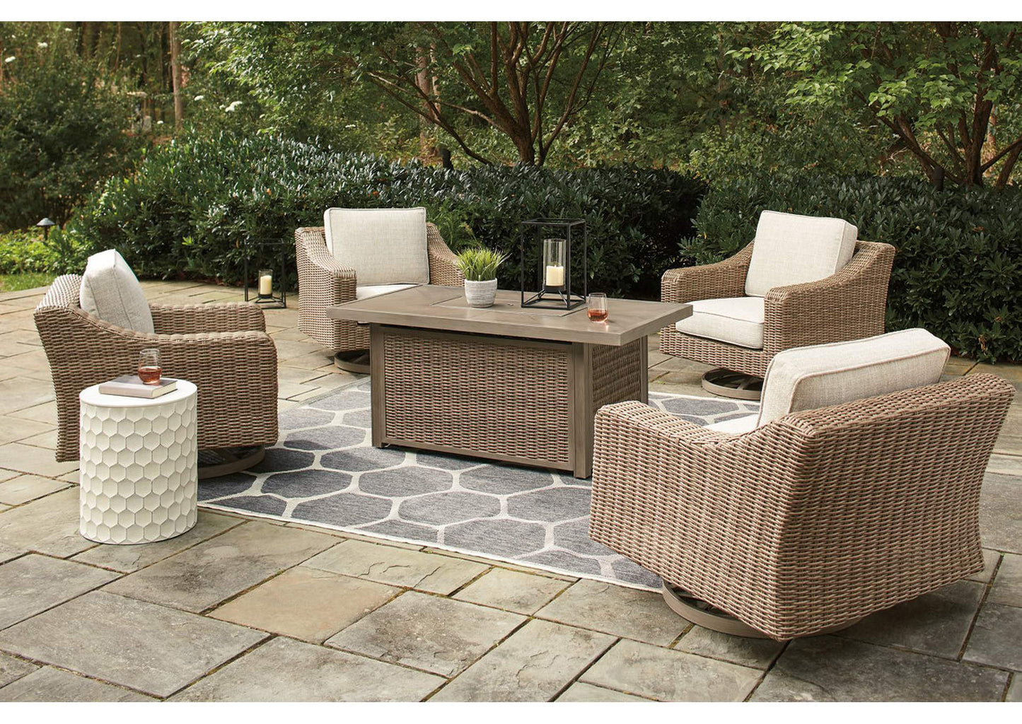 Beachcroft 5-Piece Outdoor Fire Pit Table & Swivel Lounge Chairs Set