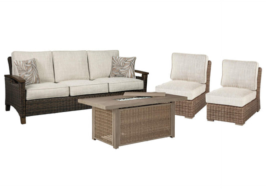 Beachcroft Outdoor Sofa and 2 Lounge Chairs with Fire Pit Table